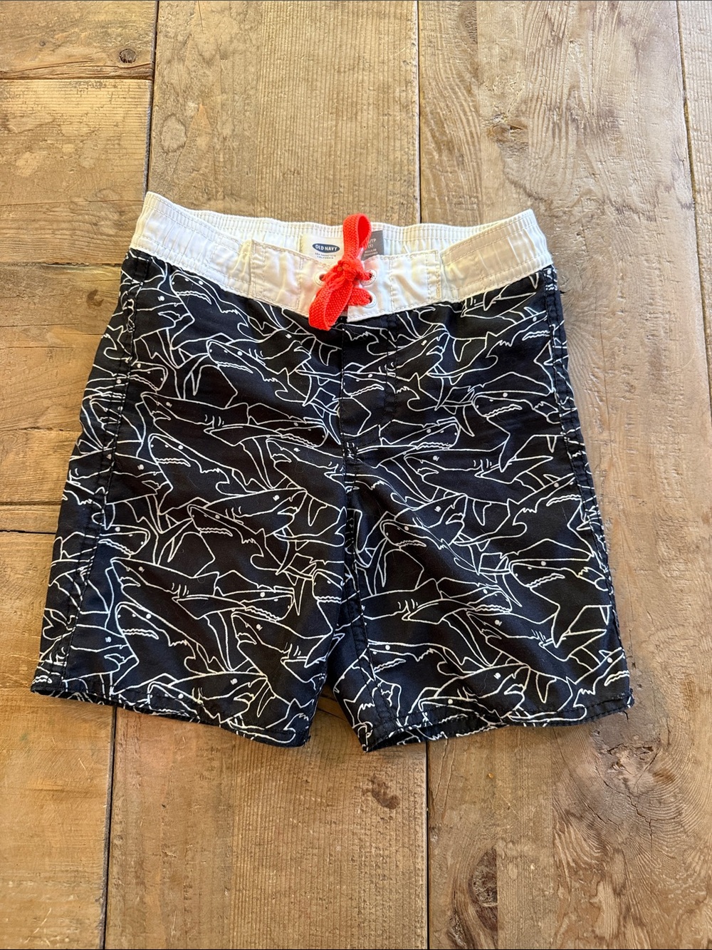 Old Navy Black Shark-Print Swim Trunks with White Waistband and Red Drawstring